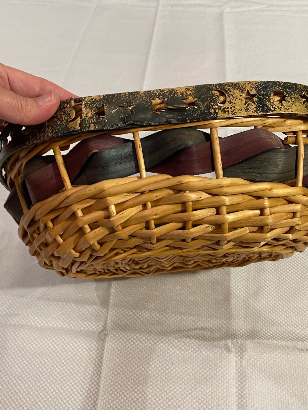 Source Unknown Woven Basket with Gold Star Rim and Red-Black Accents